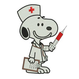 May include: Embroidered image of a cartoon dog wearing a nurse's hat with a red cross, a white coat, and a stethoscope. The dog is holding a clipboard and a red and white syringe. The image is on a white background.