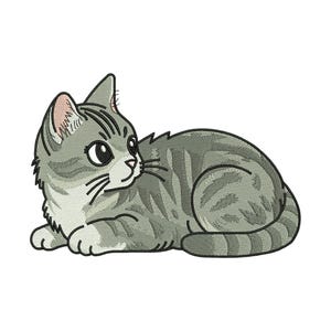 May include: An embroidered patch featuring a gray tabby cat with dark gray stripes, large black eyes, and a white chest. The cat is lying down in a curled position with its tail wrapped around its body, outlined in a thick black border.