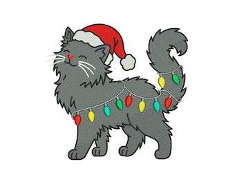 Black Cat Santa Hat Christmas Lights Machine Embroidery Design, Cute Cartoon Pet Lover File, Instant Download DST EXP PES