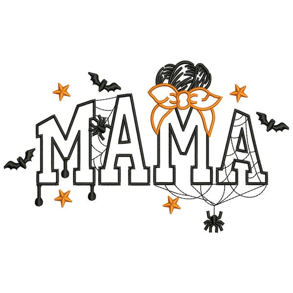 Mama Messy Bun Halloween Machine Embroidery Design, Cute Cartton Spooky Season Spider Web Bats Holiday File, Instant Download DST EXP PES