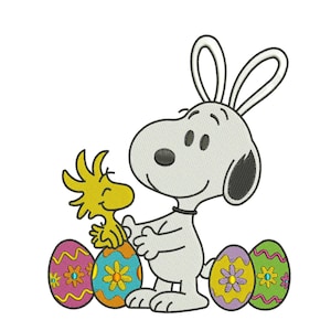 May include: An embroidered design featuring Snoopy with bunny ears, Woodstock, and several decorated Easter eggs. The eggs are in various colours, including pink, blue, yellow, and green, with floral patterns. The design is on a white background.