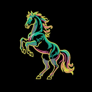 May include: A neon-style illustration of a rearing horse against a black background. The horse features teal, pink, yellow, and gray accents, creating a vibrant and eye-catching design. The artwork showcases a dynamic pose.
