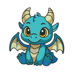 May include: A cute, cartoon-style dragon with a blue body, large yellow eyes, and small tan horns. The dragon has small wings and is sitting down. The image is a digital illustration, likely for children's products or fantasy themes.