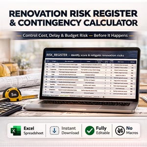 Renovation Risk Register & Contingency Calculator | Excel Risk Planner for Renovations and Property Projects