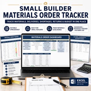 May include: A digital small builder materials order tracker spreadsheet displayed on a laptop screen, accompanied by printed delivery notes, a yellow measuring tape, and a calculator. The interface includes a dashboard, materials tracker, and returns log.