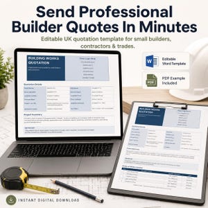 May include: A digital building works quotation template displayed on a laptop screen and a printed clipboard. The document includes fields for business details, project summary, and scope of works. A yellow tape measure and pencil are on the desk.