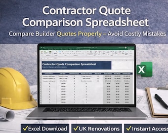 May include: A laptop displaying a contractor quote comparison spreadsheet, with a yellow hard hat, blueprints, and a clipboard with a pen. The text reads "Contractor Quote Comparison Spreadsheet" and "Compare Builder Quotes Properly - Avoid Costly Mistakes."