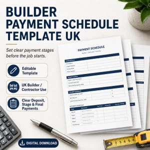May include: A digital builder payment schedule template for the UK featuring sections for client details, project information, payment summary, and a stage-based payment schedule. The document includes text fields for deposit, stage, and final payments.