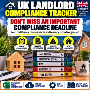 May include: A UK Landlord Compliance Tracker digital product display featuring a stack of five colored binders labeled Gas Safety, Electrical (EICR), EPC, Legionella, and Fire Safety. Includes icons for tracking dates, managing certificates, and organizing records.