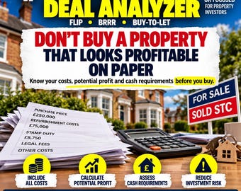 May include: A digital marketing graphic for a UK Property Deal Analyzer spreadsheet. It features text including "Don't buy a property that looks profitable on paper," a calculator, a stack of papers with costs, and a house-shaped keychain.