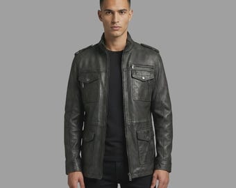 Schwarzer Trenchcoat aus echtem Leder für Herren, klassischer langer Stil