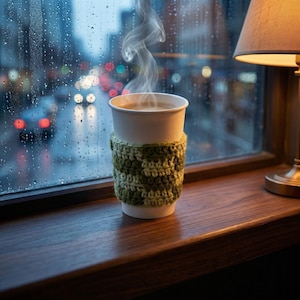 May include: A white paper cup filled with a warm beverage, wrapped in a green and white crocheted cozy. Steam rises from the cup, set on a wooden windowsill with a rainy city view in the background.