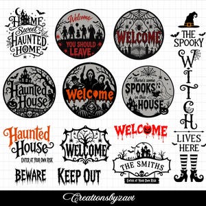 Op de afbeelding: Een verzameling zwart-wit Halloween-ontwerpen met teksten zoals Home Sweet Haunted Home, Welcome, Haunted House, The Spooky Witch Lives Here, Beware en Keep Out, samen met illustraties van geesten, heksen en diverse horror-iconen.