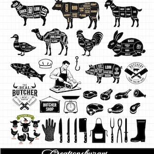 Pode incluir: Gráfico a preto e branco de uma talharia com ilustrações de vários tipos de carne, incluindo uma vaca, um porco e um cordeiro, com cortes rotulados. Inclui também ferramentas de talho, uma balança e um chefe. O texto "The Real Butcher - Meat Hunter" também está presente.