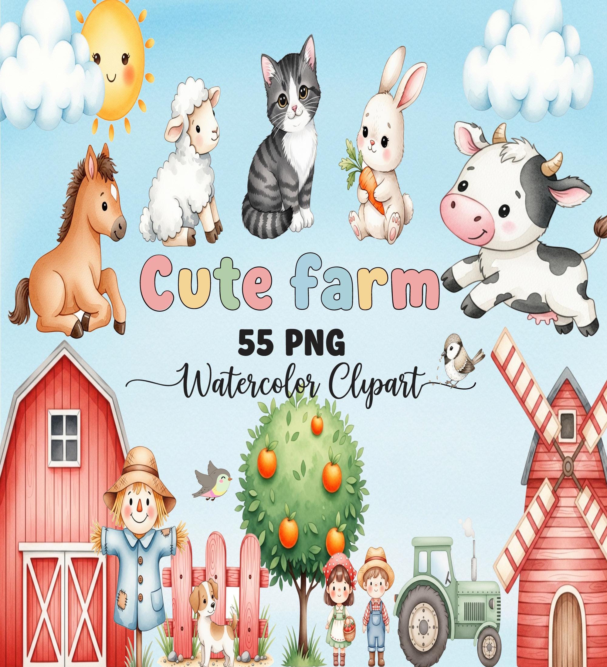 Farm Animal Clipart - Watercolor - Cute Farm Png - Cow-horse - Barn ...