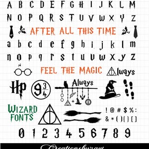 May include: A digital graphic sheet featuring a wizard-themed alphabet in uppercase and lowercase, numbers zero through nine, and various symbols. Includes icons like glasses, a sorting hat, broomsticks, and the text AFTER ALL THIS TIME and FEEL THE MAGIC.