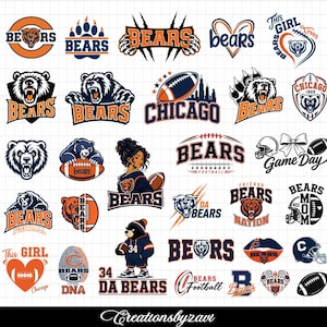May include: A collection of graphic designs featuring bears, footballs, and Chicago-themed text in navy blue and orange. The images include various bear heads, claw marks, hearts, and sports equipment arranged on a white grid background.