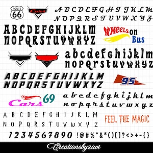 Puede incluir: Una hoja de fuentes digitales con múltiples estilos de alfabeto, números y símbolos sobre un fondo de cuadrícula. Incluye logotipos como Route 66, Cars, Wheels on Bus y los textos 95, 69 y Feel the Magic en colores negro, rojo, azul y naranja.