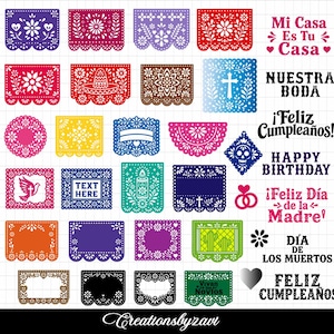 Könnte beinhalten: Eine Sammlung bunter digitaler Papel-Picado-Designs mit komplexen Blumen-, religiösen und festlichen Mustern. Enthält Textelemente wie Mi Casa Es Tu Casa, Nuestra Boda, Feliz Cumpleaños, Happy Birthday und Día de los Muertos.