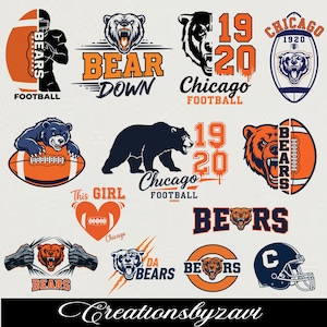 May include: A collection of Chicago Bears football-themed graphics. Designs include a bear head, footballs, and the text "BEARS", "Chicago", and "FOOTBALL". The color palette features orange, navy blue, and white.