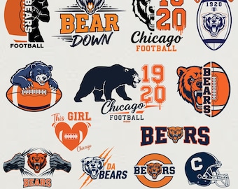 May include: A collection of Chicago Bears football-themed graphics. Designs include a bear head, footballs, and the text "BEARS", "Chicago", and "FOOTBALL". The color palette features orange, navy blue, and white.