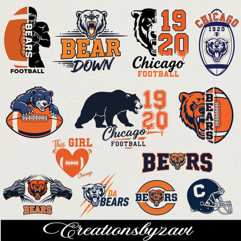 May include: A collection of Chicago Bears football-themed graphics. Designs include a bear head, footballs, and the text "BEARS", "Chicago", and "FOOTBALL". The color palette features orange, navy blue, and white.