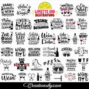 Op de afbeelding: Een verzameling zwart-rode grafische ontwerpen met typografie in wijnthema, illustraties van wijnflessen, glazen en kurkentrekkers, met diverse Duitse zinnen over wijnconsumptie gerangschikt in een raster op een witte achtergrond.