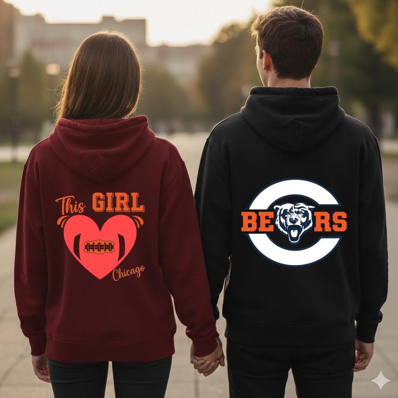May include: Two hooded sweatshirts, one burgundy and one black. The burgundy hoodie has a heart graphic with a football and the text "This Girl Chicago." The black hoodie features a white circle with the text "Bears" and a bear head.