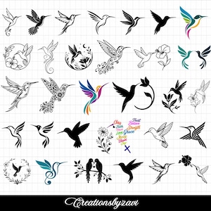 Kolibri SVG-paket | Fågelsilhuetter och clipart | Kolibrimönster | Fågel med blommor | Kolibri SVG | Digital nedladdning