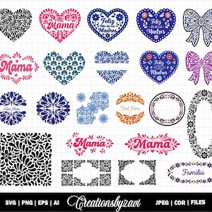 May include: A collection of floral and heart-shaped designs in various colors, including pink, blue, and black. Some designs feature the word "Mama" and "Feliz Día de las Madres". The image also includes floral frames and bow designs.