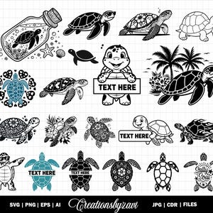 May include: A selection of black and white sea turtle illustrations. Designs include turtles with floral patterns, sunglasses, and holding signs with "TEXT HERE". There's also a turtle in a bottle and one with the text "Sally Soul".