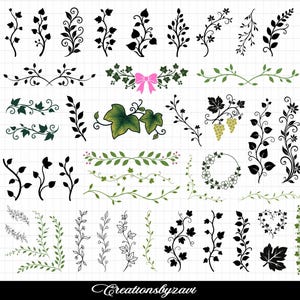 May include: A collection of digital botanical illustrations featuring various vine, leaf, and floral motifs in black, green, and multi-colored designs. The set includes dividers, corner accents, and individual sprigs, with the text Creationsbyzavi at the bottom.