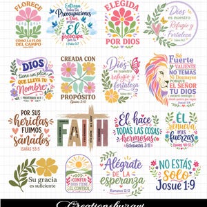 Op de afbeelding: Een verzameling van zestien kleurrijke grafische ontwerpen met bloemmotieven, een leeuw, een kruis en diverse inspirerende Spaanse zinnen over geloof. Elk ontwerp bevat decoratieve typografie, botanische elementen en levendige kleuren op een rasterachtergrond.
