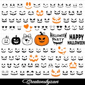 May include: A collection of black and orange vinyl decals featuring various jack-o'-lantern facial expressions, pumpkin silhouettes, and the text "HALLOWEEN PARTY" and "HAPPY HALLOWEEN" arranged on a grid background with the text "Creationsbyzavi".