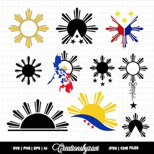 Könnte beinhalten: Eine Sammlung von Vektorgrafiken mit Sonnen- und Sternmotiven in verschiedenen Farben und Designs. Einige Designs enthalten die Farben und den Umriss der philippinischen Flagge. Am unteren Rand des Bildes werden Dateitypinformationen angezeigt.