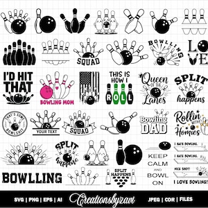 May include: A collection of black and white bowling-themed graphics. Designs include bowling pins, bowling balls, and phrases like "Bowling Mom," "Squad," and "I'd Hit That." Ideal for crafting projects or sports-related merchandise.