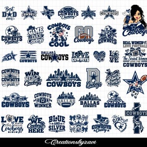 Pode incluir: Uma coleção de designs gráficos dos Dallas Cowboys em azul e prata com capacetes de futebol americano, estrelas, horizontes urbanos, bolas e vários slogans como Best Dad Ever, Game Day e Cowboys Champions num fundo de grelha branco.