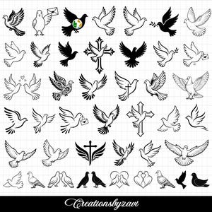 May include: A collection of black and white illustrations featuring various dove silhouettes, flying birds, and doves paired with crosses or envelopes. The graphic set includes diverse poses of birds in flight and at rest, with the text Creationsbyravi below.