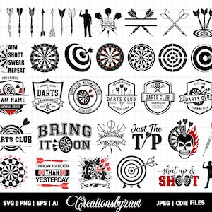 Peut inclure: Ensemble de graphiques noirs et blancs sur le thème des fléchettes. Comprend des cibles, des fléchettes, des logos avec du texte comme "Darts Club" et des phrases comme "Bring It On" et "Shut Up & Shoot."