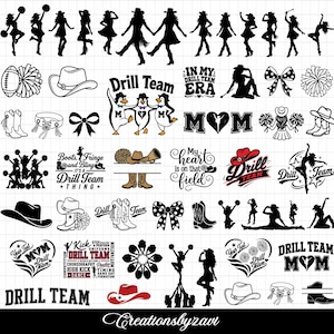 May include: A digital collection of black and white drill team graphics featuring silhouettes of dancers, cowboy hats, boots, pom-poms, bows, and text including Drill Team, In My Drill Team Era, and Drill Team Mom, arranged on a white grid background.