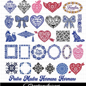 May include: A collection of digital designs featuring various shapes and patterns. Includes hearts, bows, frames, and floral motifs in blue, black, and red. Text elements include "Si Se Pudo", "Feliz Dia Mama", "Casa Bonita", and "Familia".