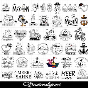 May include: A collection of black and white nautical-themed graphic illustrations featuring seagulls, lighthouses, anchors, boats, and various German phrases like Moin, Meerliebe, and Küstenkind arranged in a grid on a white background.