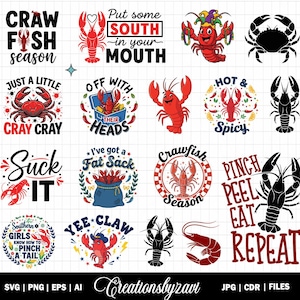 Kräftsäsong SVG-paket, Kräftkokningssvg, Cajun-skaldjurssvg, Kräftfestsvg, Nyp skal ät upprepa, Trendig kräftskjorta-svg