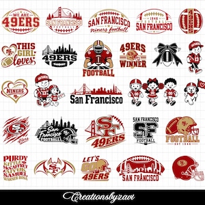 May include: A collection of San Francisco 49ers football themed graphic designs featuring the team name, city skyline, Golden Gate Bridge, footballs, helmets, players, cheerleaders, and mascots in red, white, and gold colors on a white grid background.