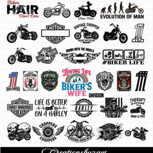 May include: A selection of motorcycle-themed graphics and text designs. The image includes illustrations of motorbikes, biker phrases, and logos. The designs use various fonts and styles, suitable for clothing or accessories.
