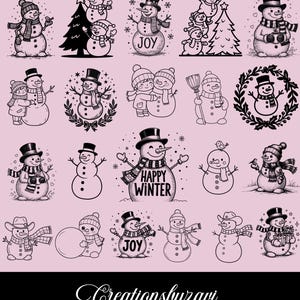 May include: A collection of black and white illustrations of snowmen in various poses. Some snowmen wear hats, scarves, and mittens. Some are holding objects like a broom or gifts. One snowman has the text "JOY" and another has "HAPPY WINTER".