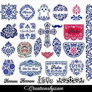 May include: A collection of digital graphic elements featuring blue, red, and black filigree patterns, floral motifs, and text including Mexico, Save the Date, Madre, Let's Fiesta, Feliz Día Mamá, Padre, love you, Hermana, Hermano, and Love.