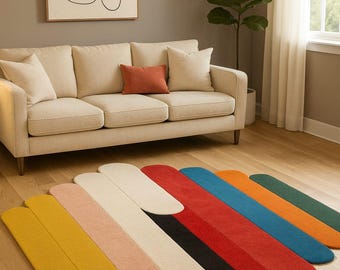 Irregular Shape Wool Rug, Mid Century Modern Colorblock Area Rug, Hand Tufted Colorful Scalloped Carpet for Living Room, Retro Wavy Rug