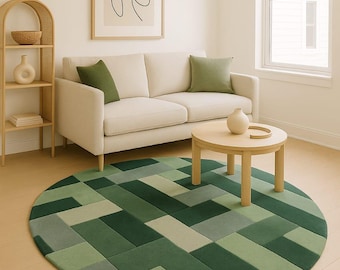Modern groen rond vloerkleed - Abstract geometrisch handgetuft wollen tapijt - Salie- en olijfgroen rond vloerkleed voor de woonkamer, mid-century interieur