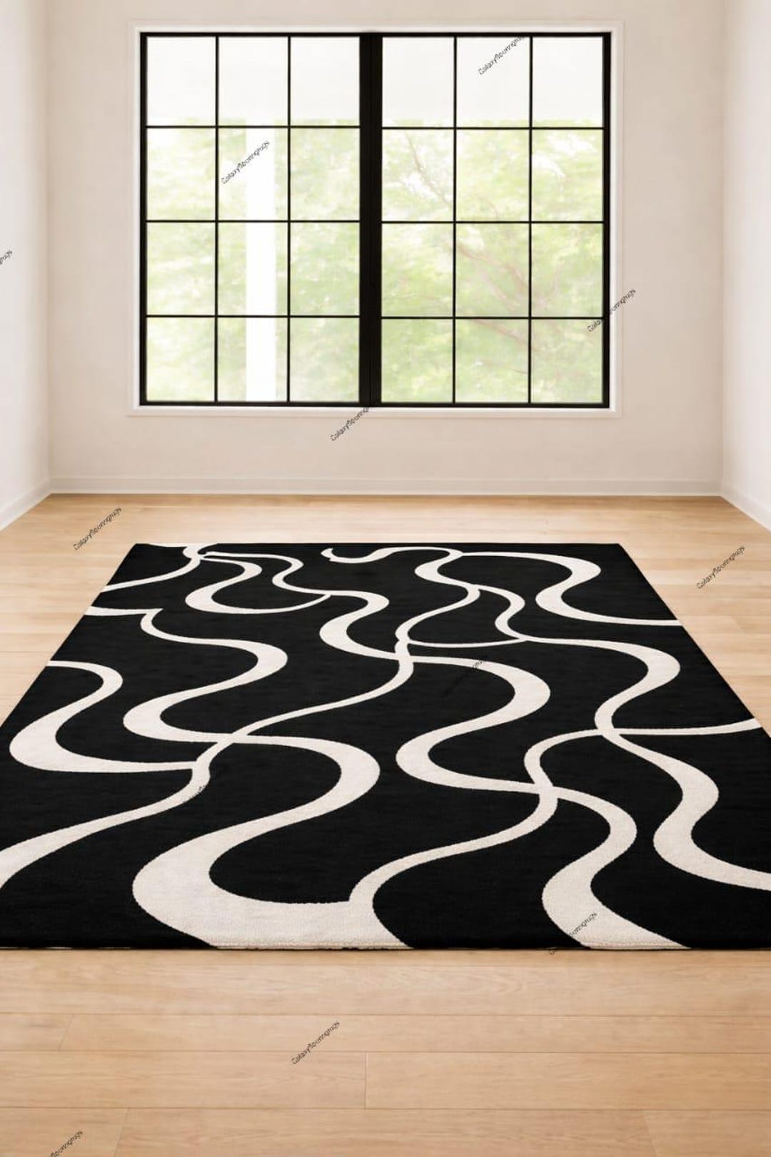 Modern Black & White Hand Tufted Rug Abstract Wavy Pattern Area Rug ...